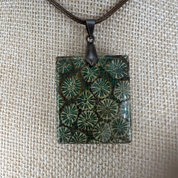 Green and Brown Coral Fossil Square Pendant Necklace on Brown Rope - Picture 7 of 12